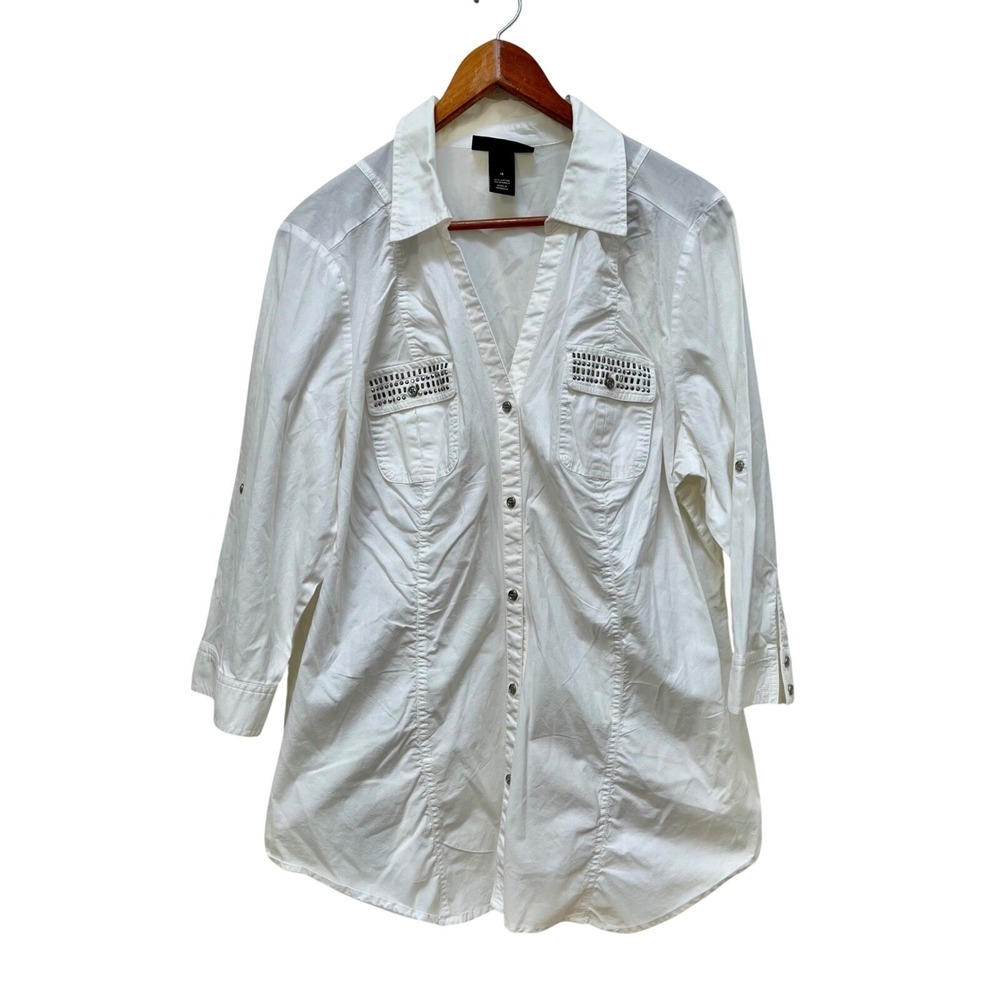 Lane Bryant Women White Studded Career Button Down Shirt Blouse Size 16 Western
